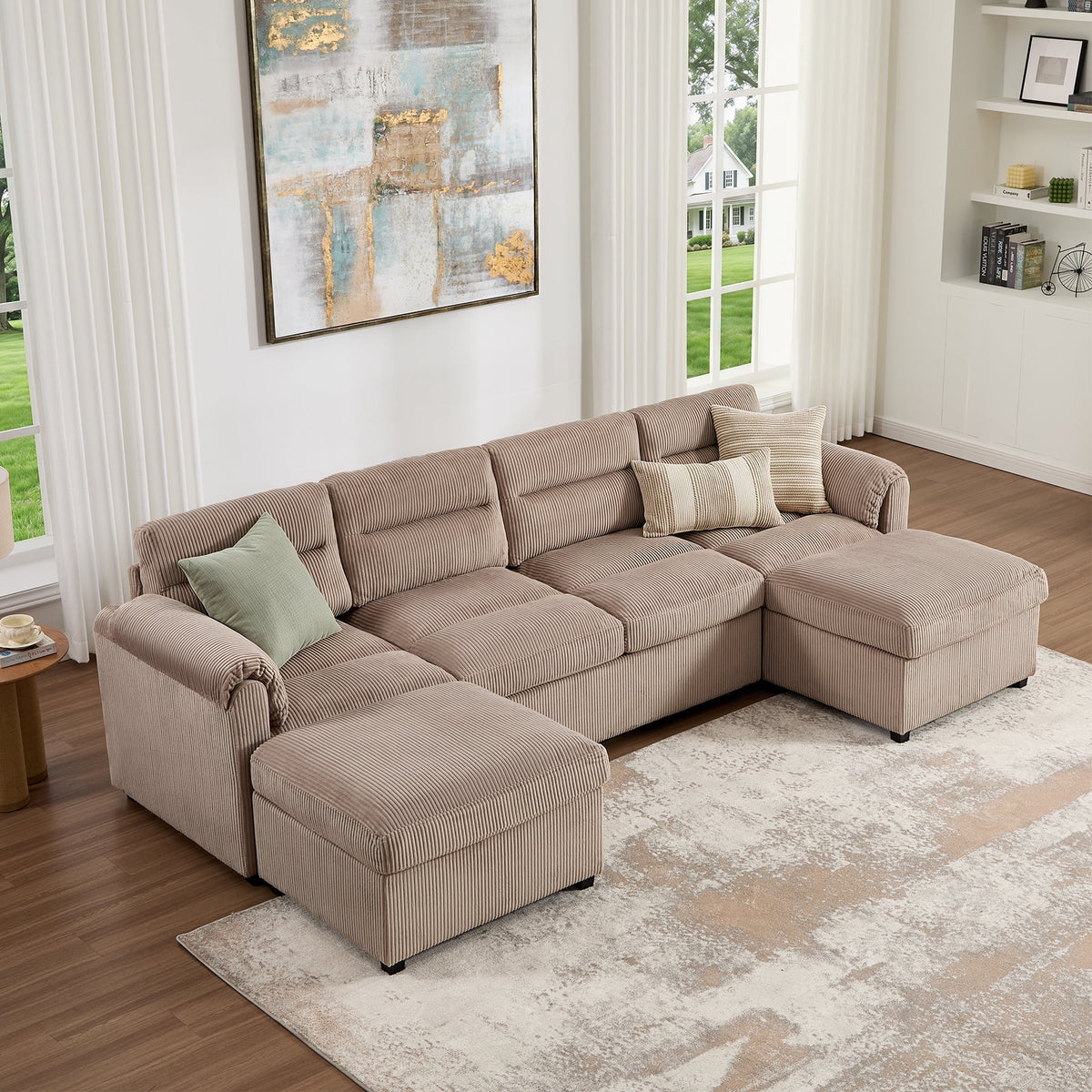  Modular Corduroy Sectional Sofa with Pull Out Sleeper, Convertible U-Shaped Couch, Free Combination Upholstered Sofa Bed for Living Room