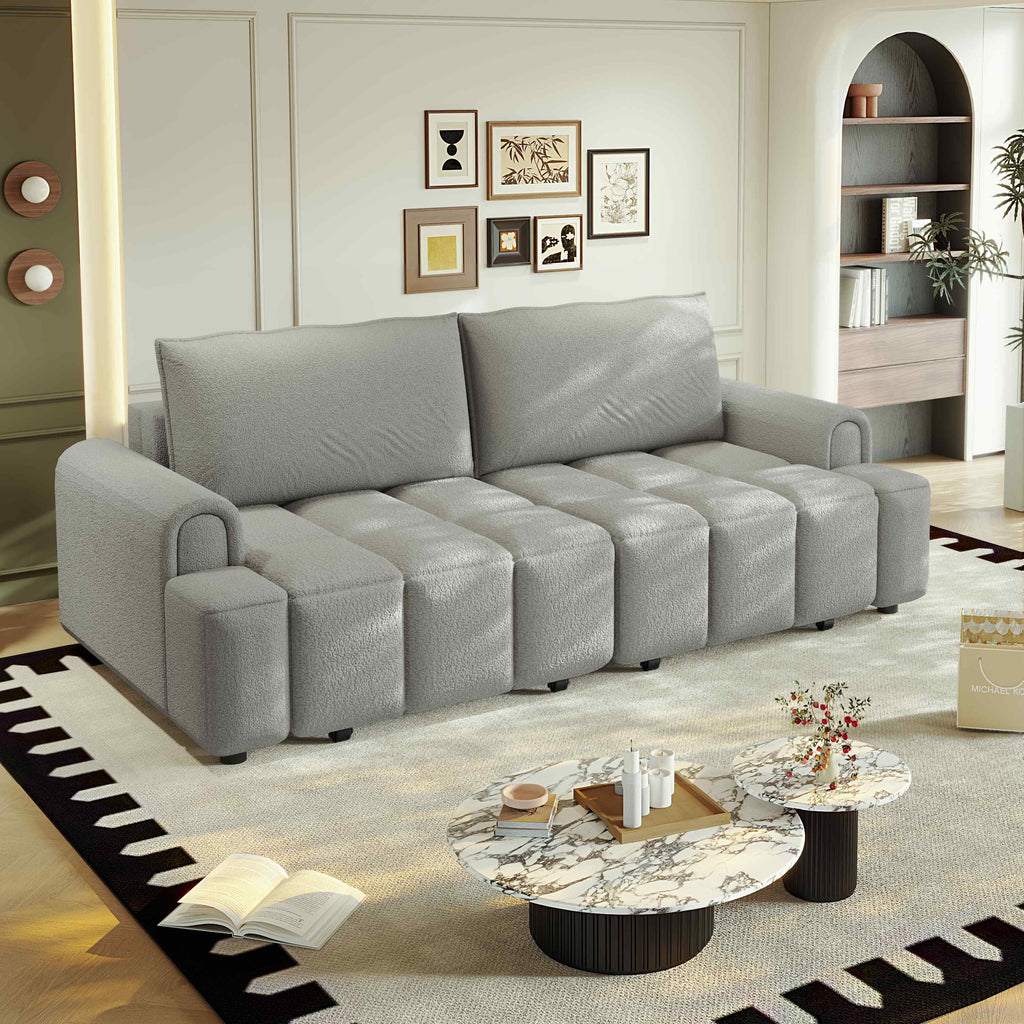 FFH 90.2" Pull Out Sofa Bed with Storage, 3-in-1 Convertible Sleeper Sofa King Size, Modern 4-Seater Teddy Couch for Living Room, Gray