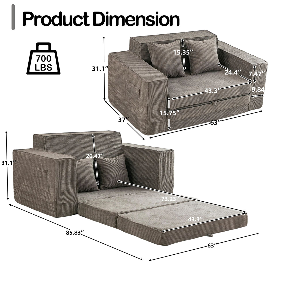 Vicluke Convertible Memory Foam 3-seat Sofa & Loveseat, Pull Out Sleeper Sofa Bed, 2 in 1 Folding Couch Bed, Fold Out Floor Couch Corduroy Fabric with Pillows for Living Room Bedroom Lounge(Grey)