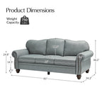 Genuine Leather 3 Seater Sofa with Rolled Arms Nailhead Trims Solid Wooden Legs Living Room Reading Sage