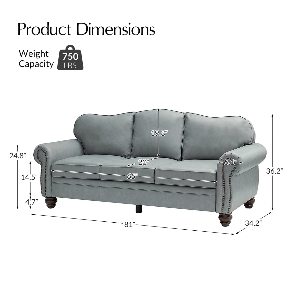 Genuine Leather 3 Seater Sofa with Rolled Arms Nailhead Trims Solid Wooden Legs Living Room Reading Sage