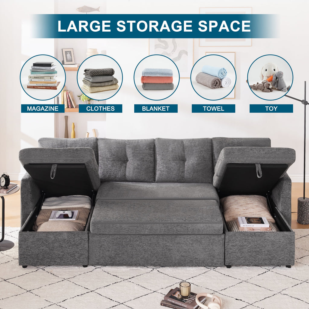 Weture Sectional Sleepe Sofa, 2 in 1 Pullout Couch Bed with Storage Chaise and Side Pocket, DarkGray
