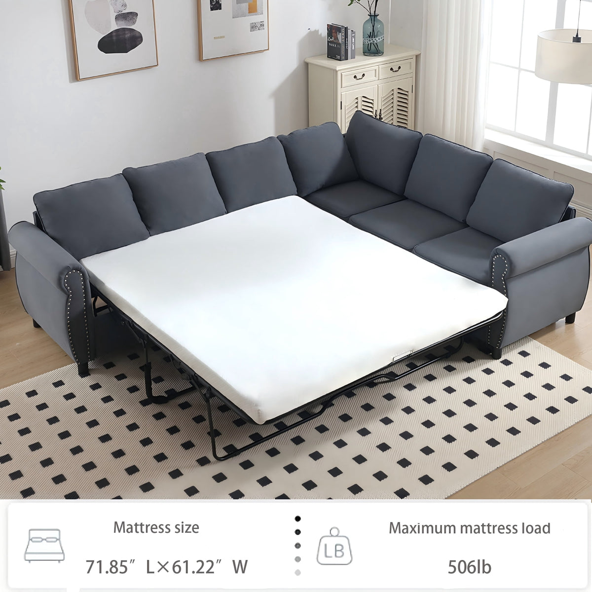  Sectional Sofa, Pull Out Sofa Bed Queen Size, 6 Seat Sofa Couch Convertible Sleeper Sofa Bed for Living Room Gray