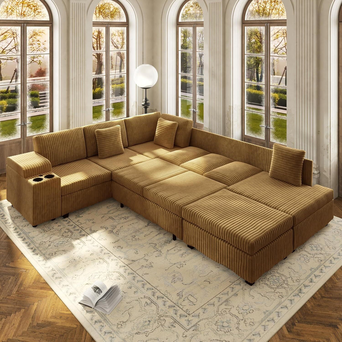 Sectional Sleeper Sofa with Pull Out Bed,110" L-Shaped Modular 6-Seater Cloud Sectional Couch,Convertible Corduroy Sofa for Living Room,Ottoman with USB Charging Ports & Cup Holders,Camel
