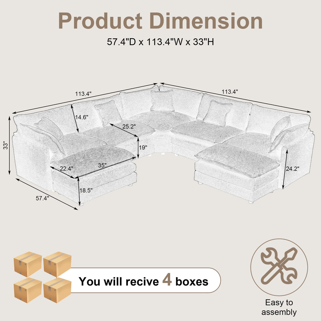 GNIXUU 113.4 " U-Shaped Cloud Couch ,Oversized Sectional Sofa with 2 Ottomans,Modern Chenille Deep Seat Modular 7-Seater Corner Couches for Living Room, Office,Beige