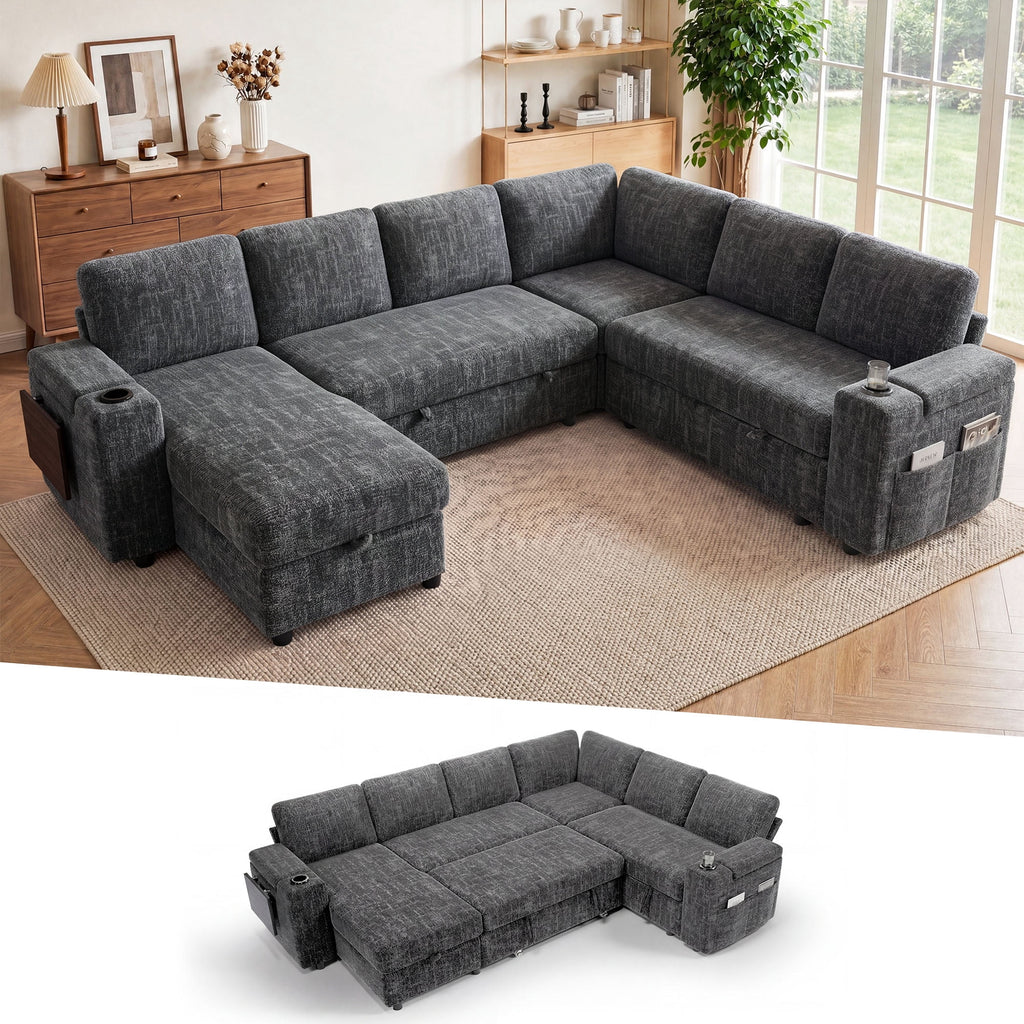 110" Modular Sectional Sleeper Sofa with Pull Out Bed, 7 Seat Plush L Shaped Couch with Storage Chaise|USB Ports|Cup Holders|Side Table|Storage Armrests, Tool Free Assembly, Chenille Fabric Dark Gray