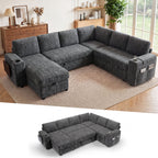 110" Modular Sectional Sleeper Sofa with Pull Out Bed, 7 Seat Plush L Shaped Couch with Storage Chaise|USB Ports|Cup Holders|Side Table|Storage Armrests, Tool Free Assembly, Chenille Fabric Dark Gray