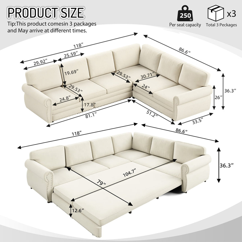 118'' Pull Out Couch, Convertible Sleeper Sofa Bed, Upholstered Sectional Sofa, Chenille L-Shaped Couch with Nailhead Trim, Modern Sectional Couches for Living Room, Apartment, Dark Grey