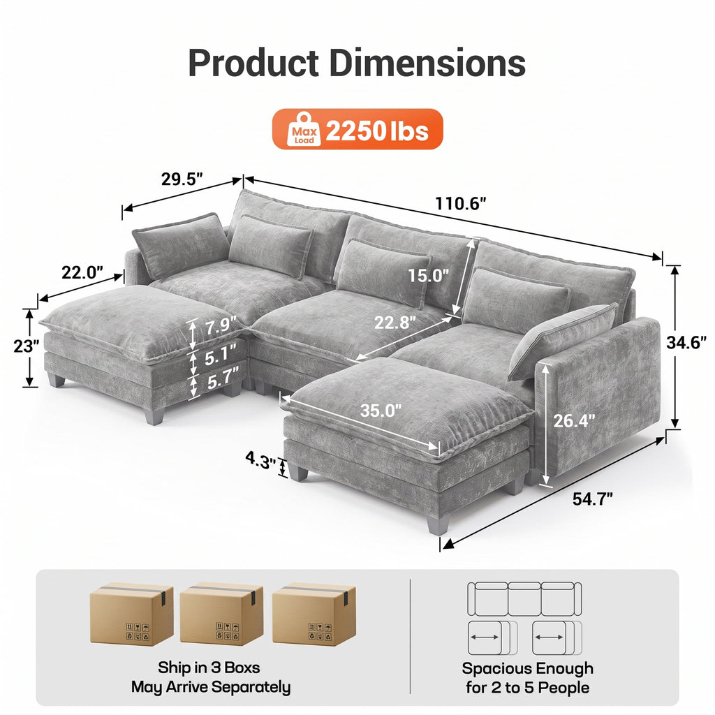  111" Modular Sectional Sofa with 2 Movable Ottomans, U-Shaped Oversized 3-Seat Chenille Cloud Sofa with 5 Pillows for Living Room, Gray
