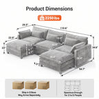  111" Modular Sectional Sofa with 2 Movable Ottomans, U-Shaped Oversized 3-Seat Chenille Cloud Sofa with 5 Pillows for Living Room, Gray