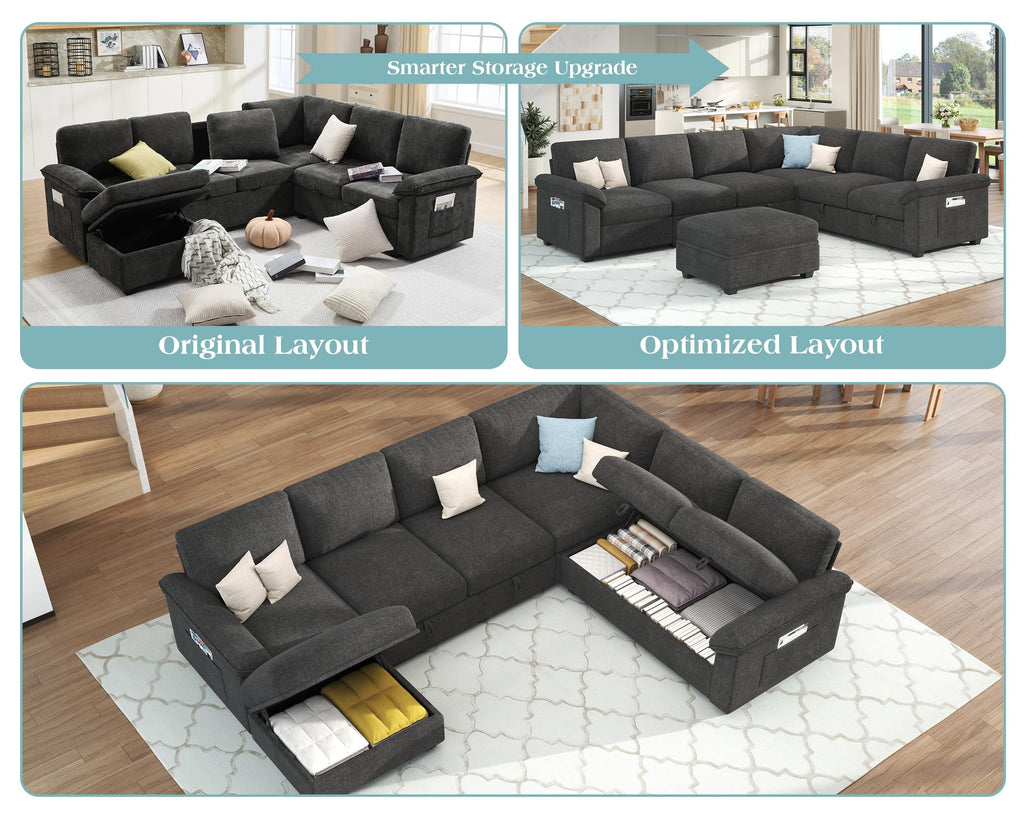 Papajet 105" Sofa Bed, Sectional Sleeper Sofa with Pull Out Bed/Reclining Backrest, 6 Seater Sleeper Couch Bed with Storage, Chenille Dark Gray
