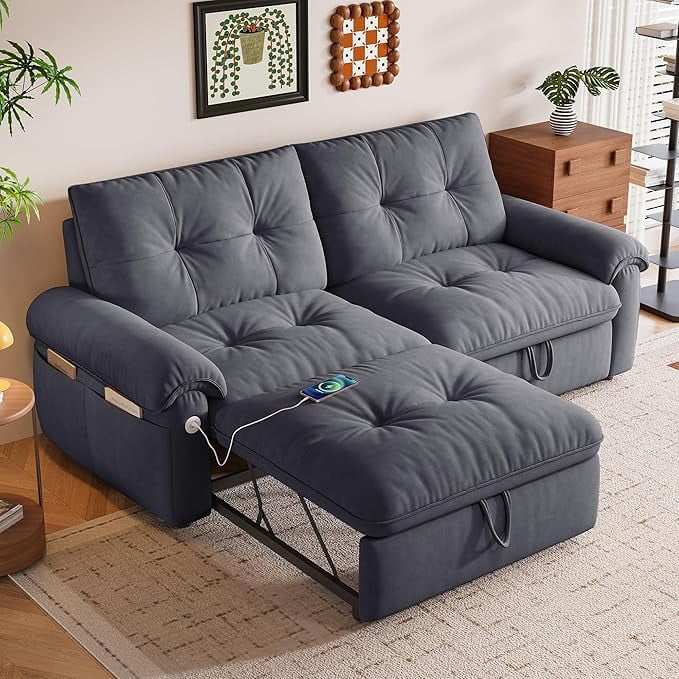 3-in-1 Convertible Sofa Bed, 77" Queen Size Loveseat Sleeper with Pull Out Bed,USB and Side Storage Pockets,Modern 2 Seater Small Couch for Apartment Living Room, Velvet Fabric,RV-Friendly,Dark Gray
