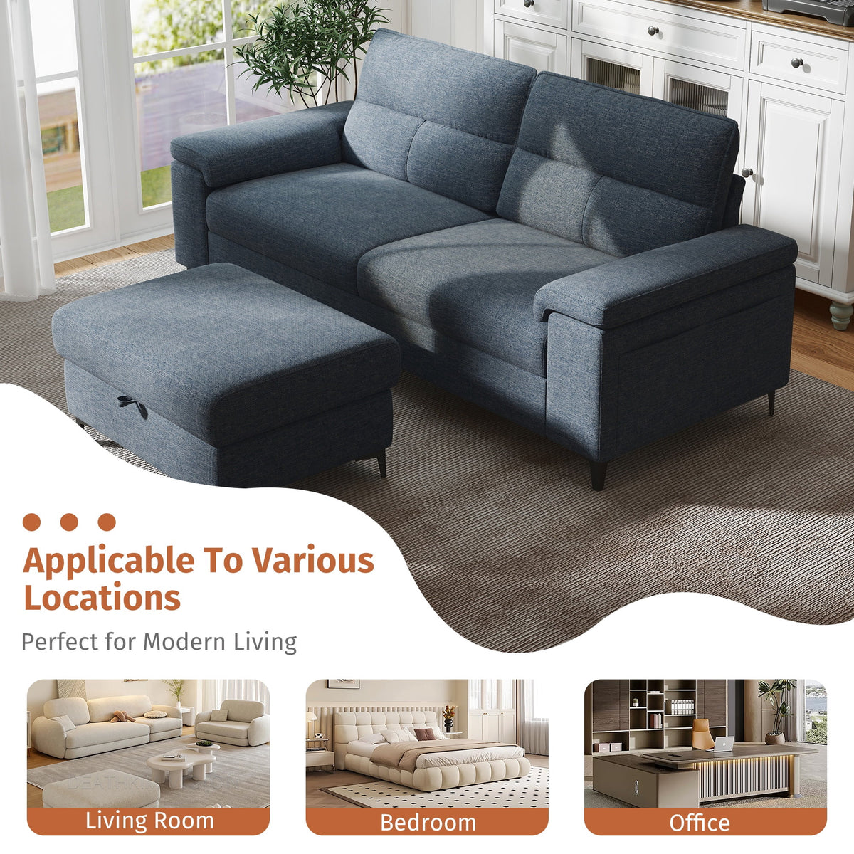 88" Loveseat Sofa with Storage Ottoman Adjustable Armrest 3-Seat L-Shaped Sectional Couch for Living Room Blue