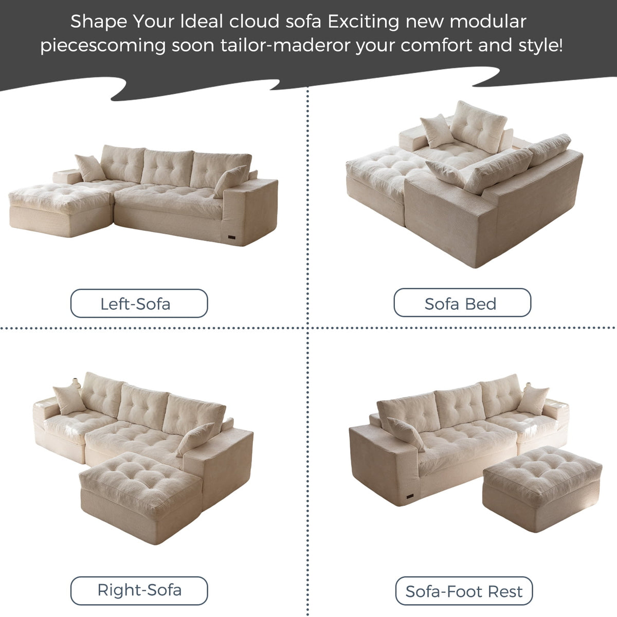 BYBYME 104"Oversized L-Shaped Sectional Sofa Cloud Boneless Modular Couch,Upholstered Sofa with Convertible Left/Right Ottoman for Living Room Bedroom,No Assembly,Beige
