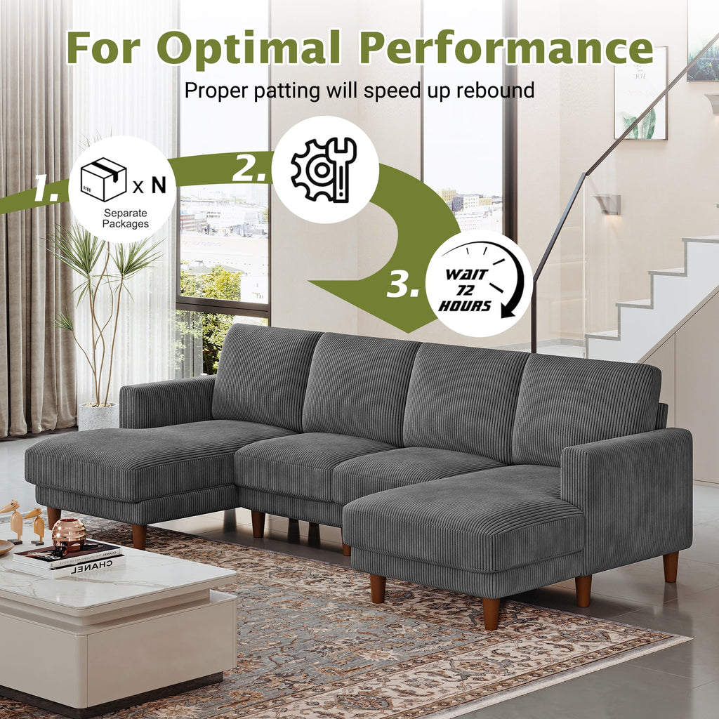 106" Corduroy Sofa for Living Room, U Shaped Couch, Wood Frame, Gray