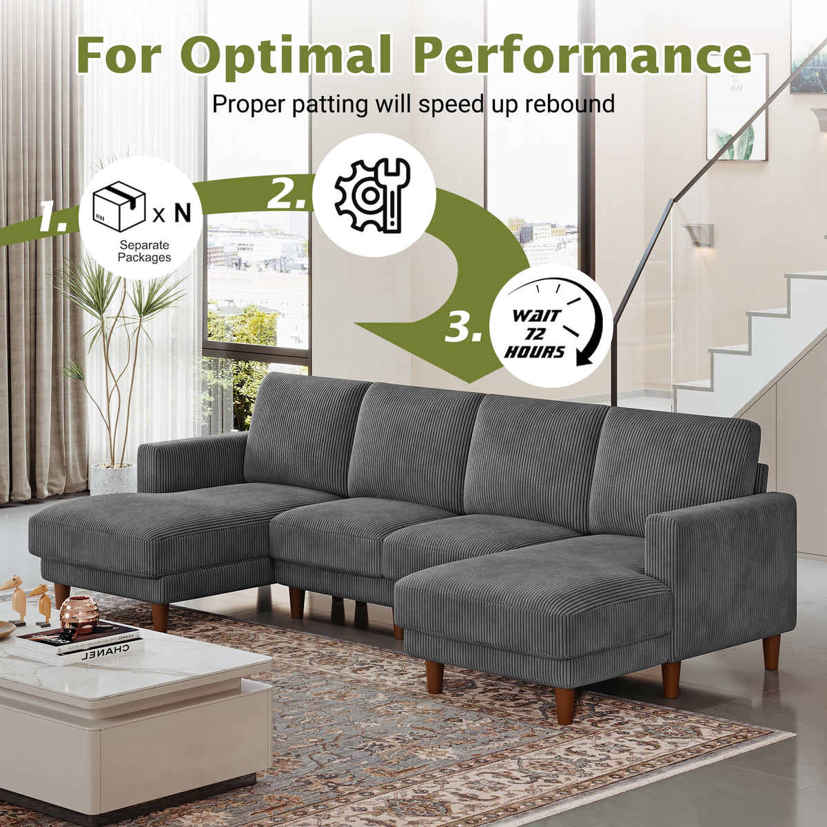 106" Corduroy Sofa for Living Room, U Shaped Couch, Wood Frame, Gray