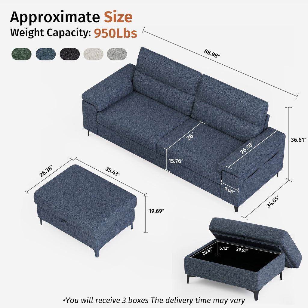 88" Loveseat Sofa with Storage Ottoman Adjustable Armrest 3-Seat L-Shaped Sectional Couch for Living Room Blue