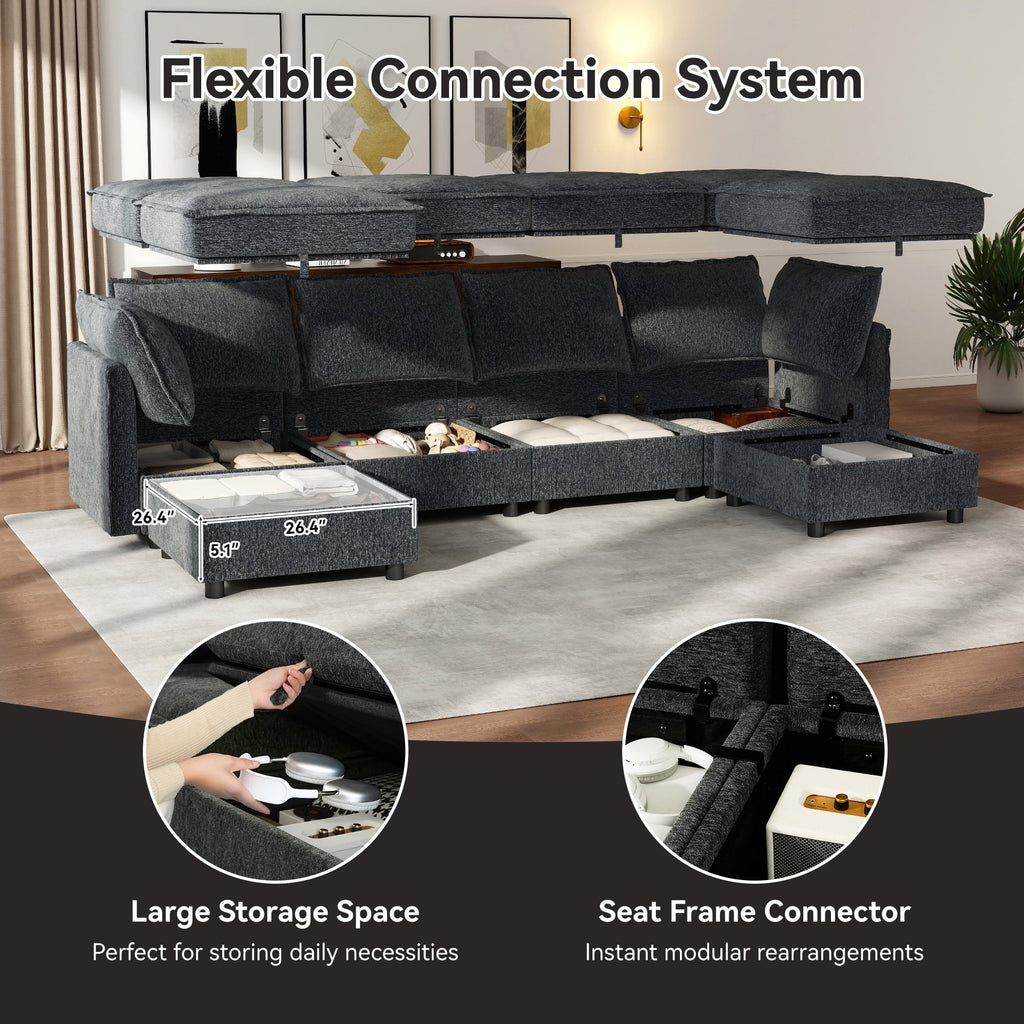  126" Modular Sectional Sofa with Storage, U-Shaped Modern Sleeper Sofa Couch with Movable Ottomans for Living Room, Office, Dark Gray