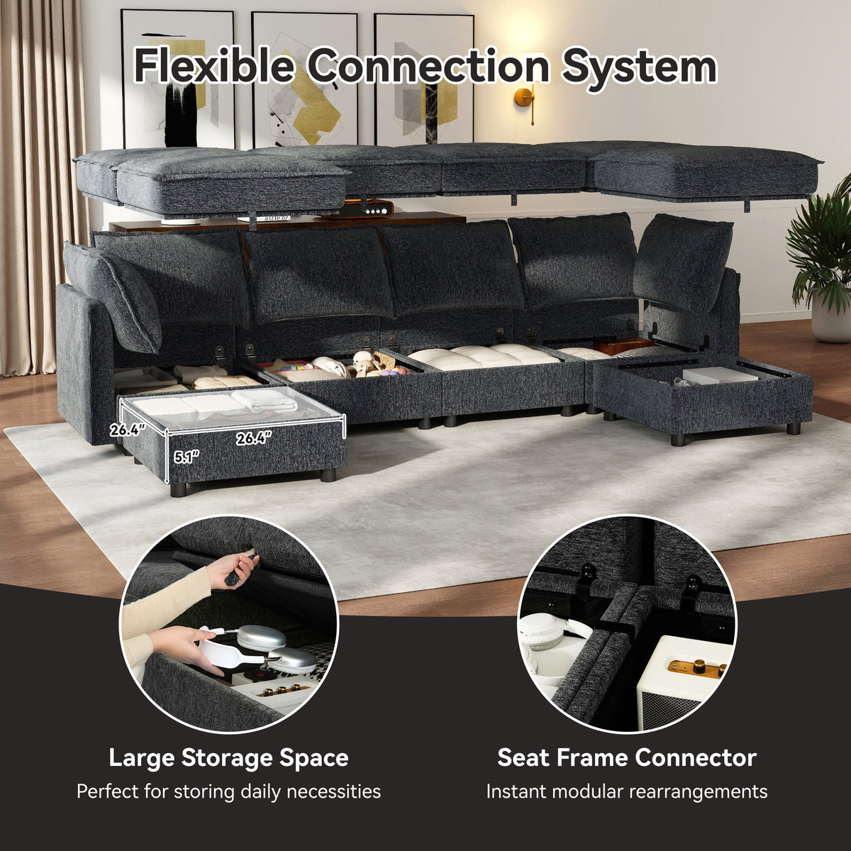  126" Modular Sectional Sofa with Storage, U-Shaped Modern Sleeper Sofa Couch with Movable Ottomans for Living Room, Office, Dark Gray