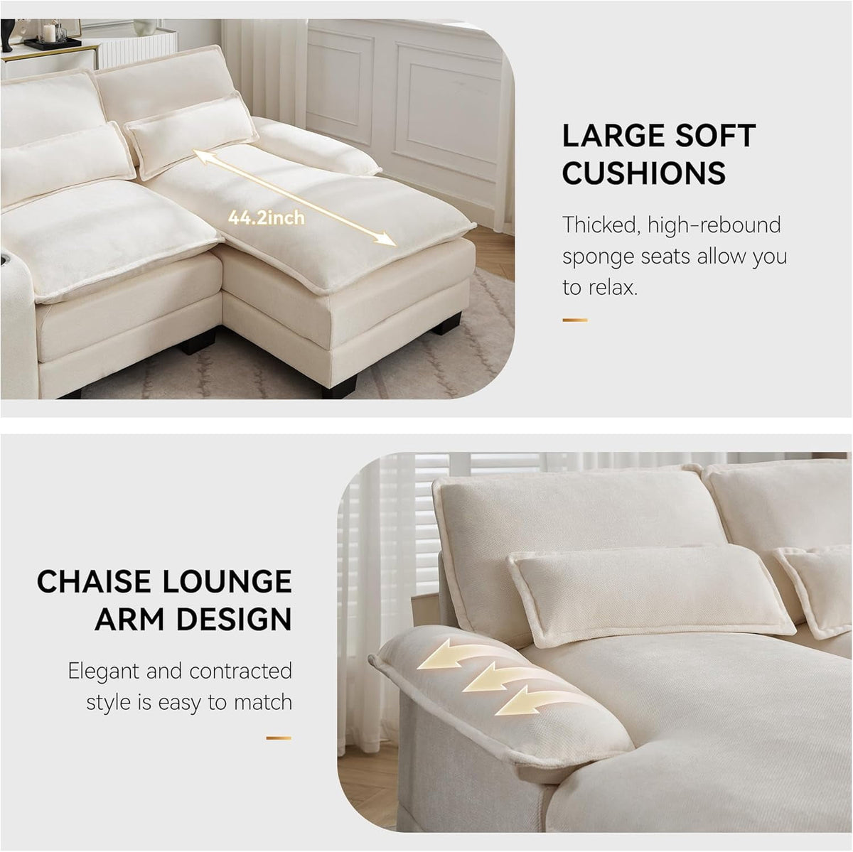 125'' U Shaped Cloud Modular Sectional Sofa with Chaise Lounges, Chenille Upholstered Comfy Couch with Storage Console, USB Charging Ports & Cup Holders, Modern Deep Seat Sofa for Living Room, Beige