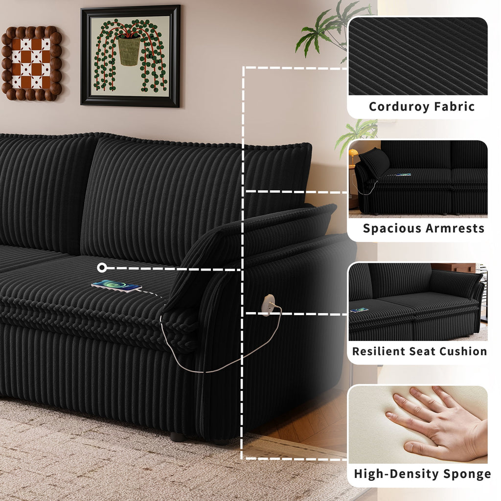  Pull Out Sofa Bed Queen Size, 85" Loveseat Sofa with Movable Ottoman, USB Charging Port, Corduroy Sofa Couch Convertible Sofa Bed for Living Room Black