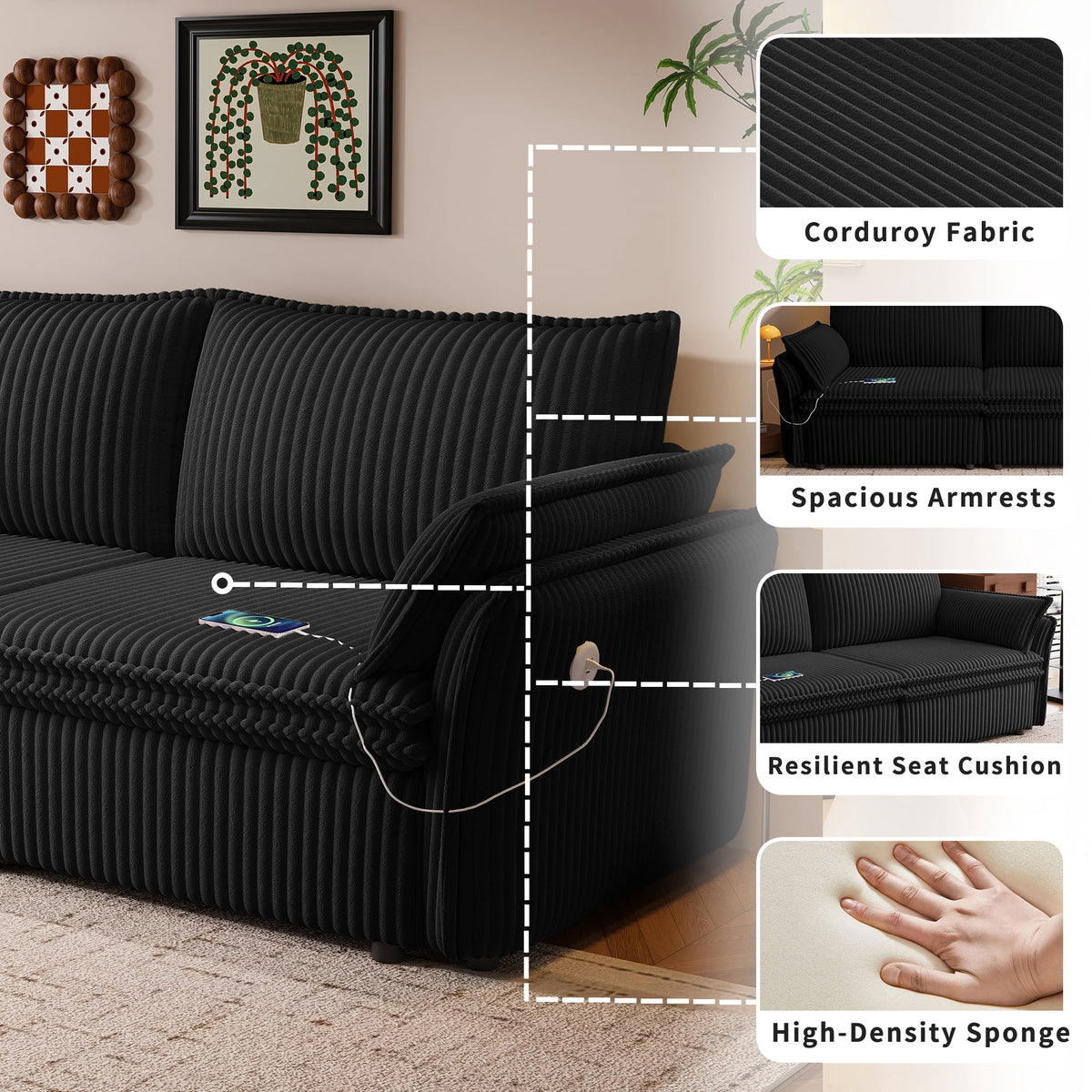  Pull Out Sofa Bed Queen Size, 85" Loveseat Sofa with Movable Ottoman, USB Charging Port, Corduroy Sofa Couch Convertible Sofa Bed for Living Room Black