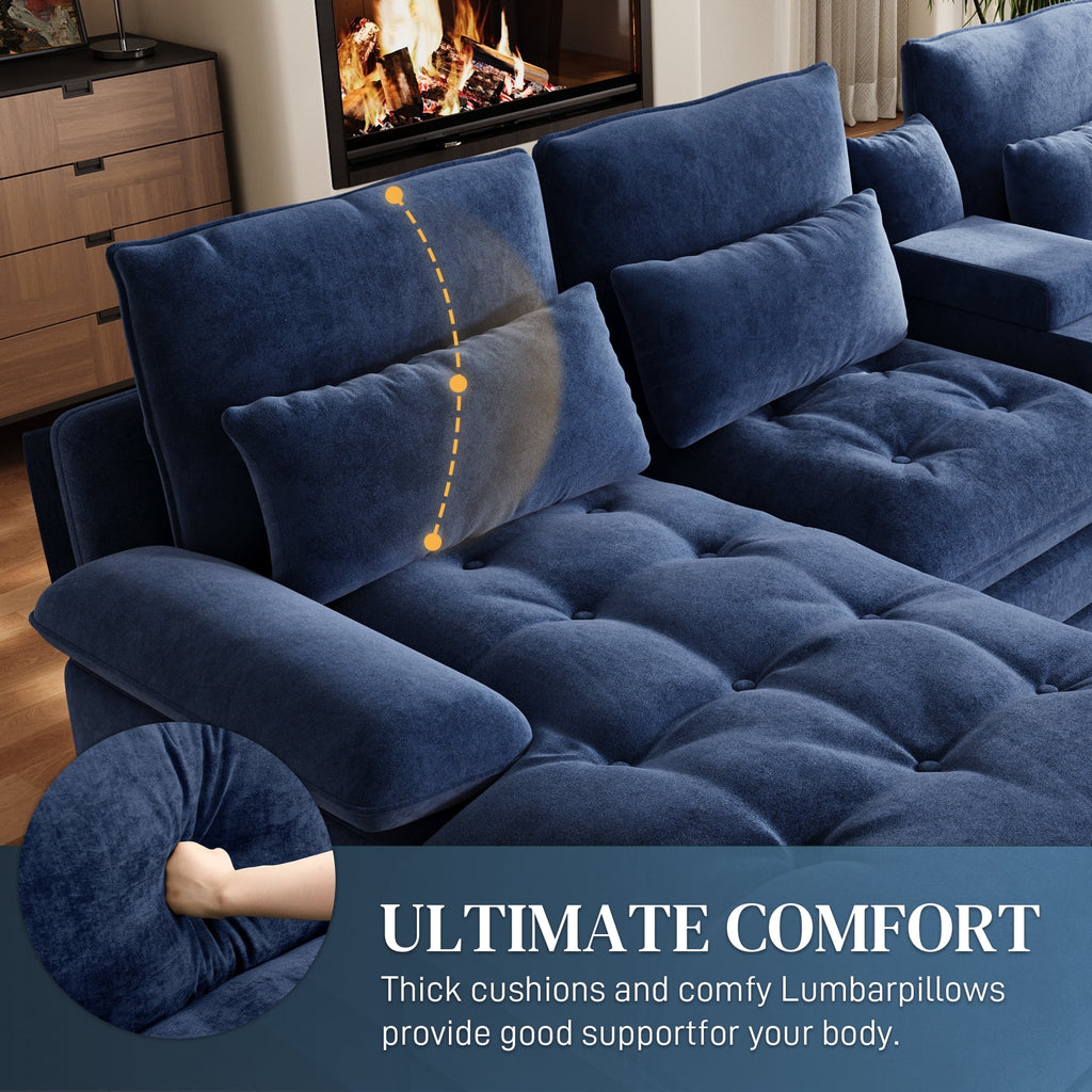 Rophefx 134" Oversized U Shaped Modular Sectional Sofa, 6 Seater Chenille Cloud Couch with Storage Console, Cup Holders and USB Ports for Living Room,Blue