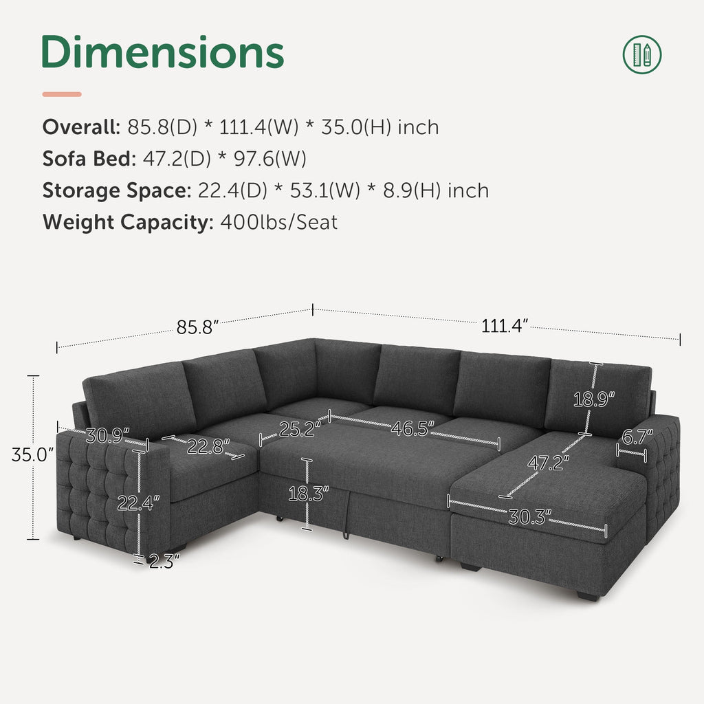 Marrber Modular Sectional Pull-Out Sofa Bed U-Shaped Linen Couch Bed with Storage for Living Room, Gray