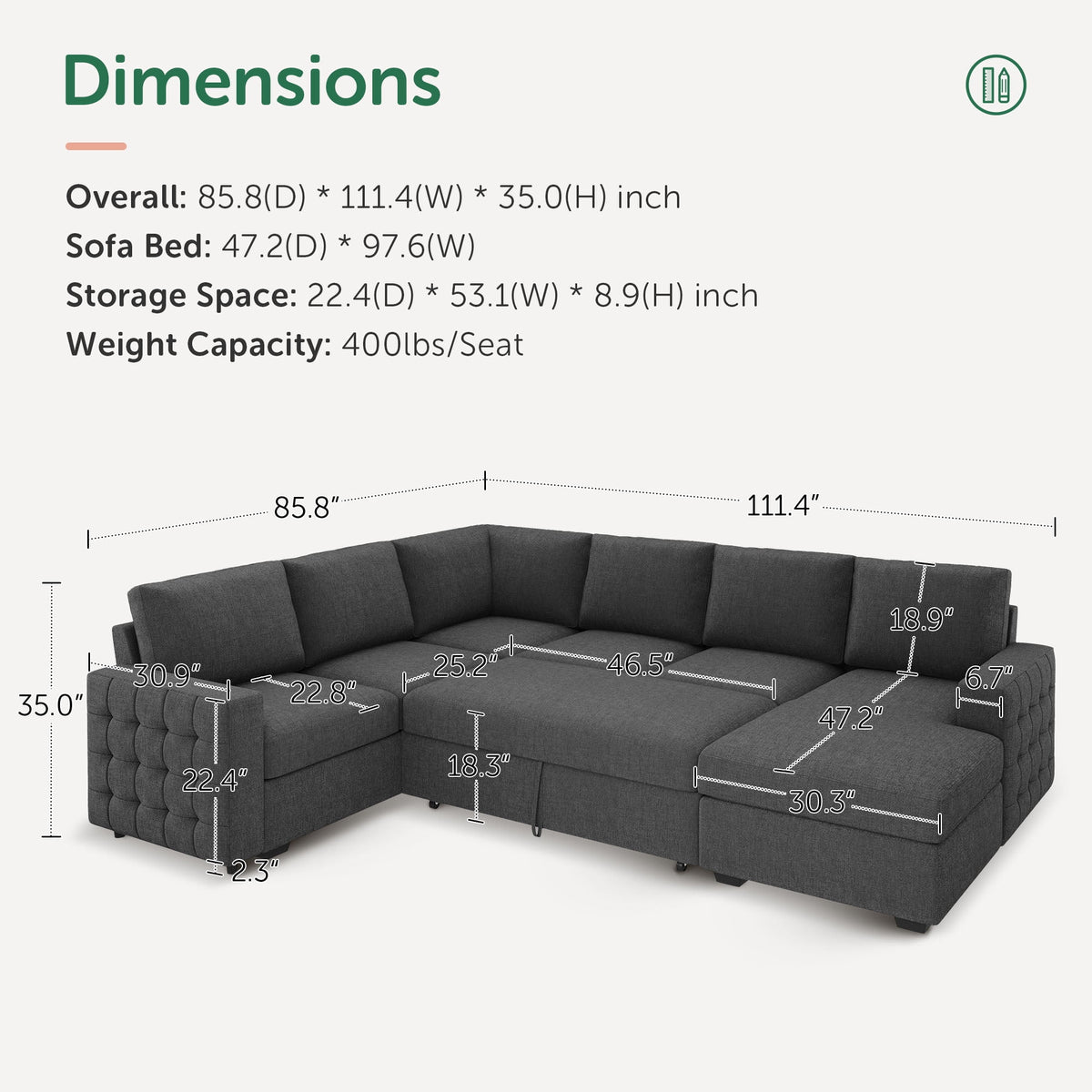 Marrber Modular Sectional Pull-Out Sofa Bed U-Shaped Linen Couch Bed with Storage for Living Room, Gray