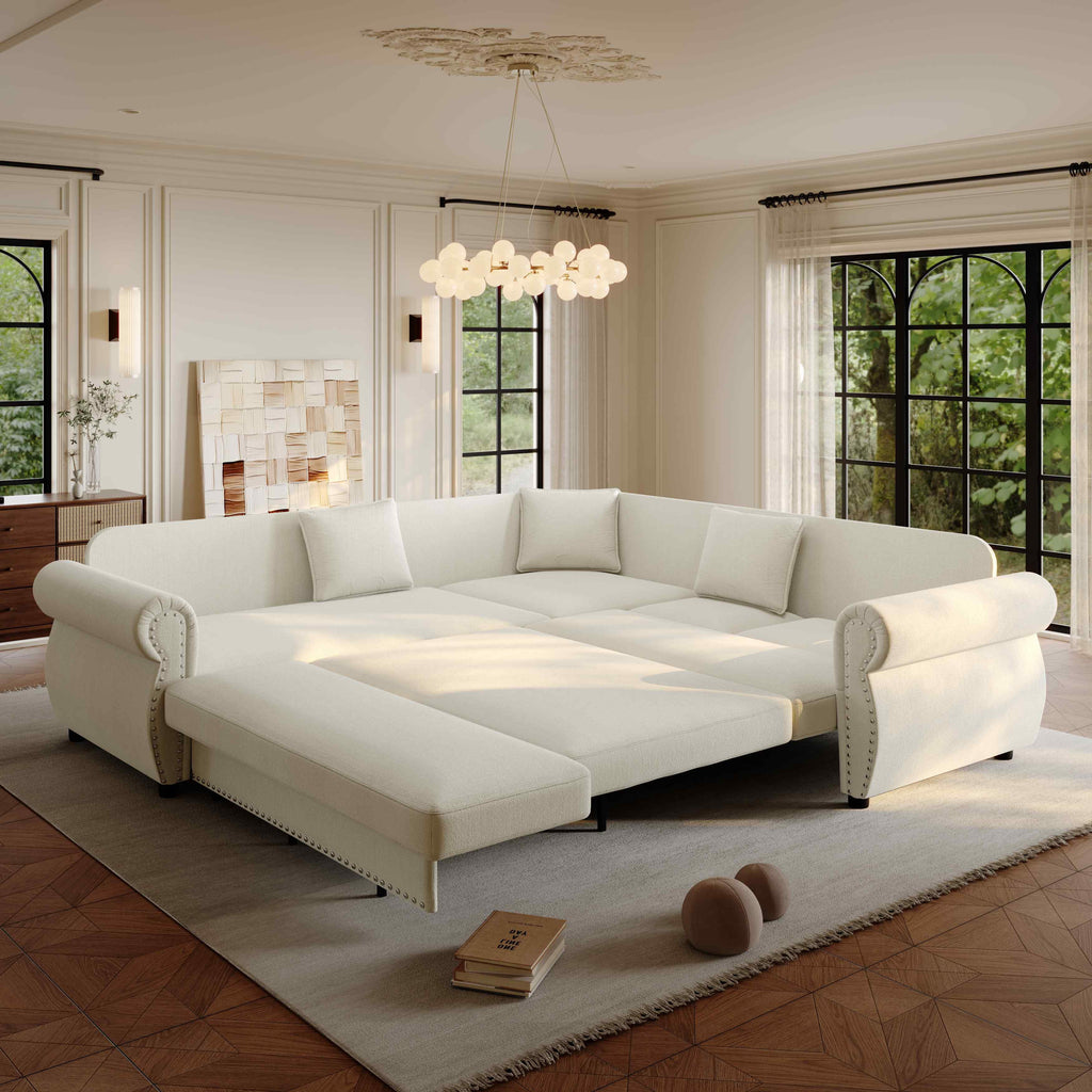 FFH 88.2" Sectional Sofa with Pull Out Bed, Convertible Sleeper Sofa, 5 Seater Chenille Couch for Living Room, Beige