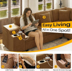 Sectional Sleeper Sofa with Pull Out Bed,110" L-Shaped Modular 6-Seater Cloud Sectional Couch,Convertible Corduroy Sofa for Living Room,Ottoman with USB Charging Ports & Cup Holders,Camel