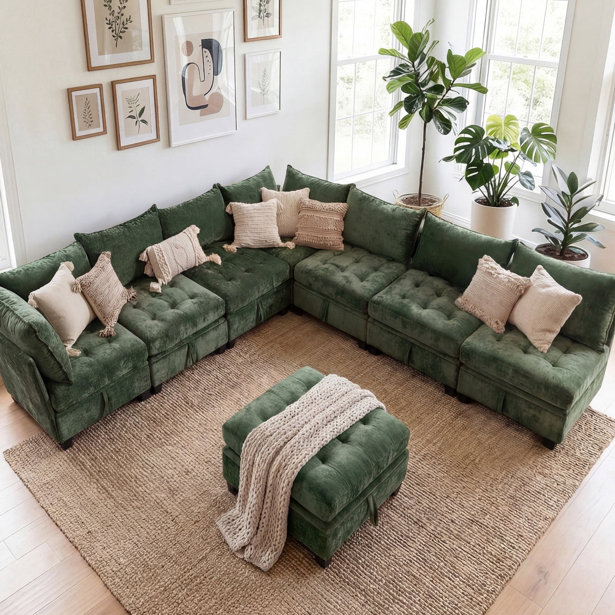 Advwin 7-Seater Oversized Modular Sectional Sofa with Ottoman & Storage Under Each Seat, Chenille Convertible Comfy Couch Sleeper with Extra Wide & Deep Seat for Living Room, Dark Green