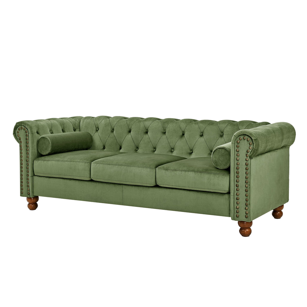 AmoDwell Tufted Velvet Sofa Couch for Living Room, Plush Rolled Arm 3-Seater Sofa Couch with Nailhead Trim and 2 Neck Roll Pillows, Small Apartment Chesterfield Sofa