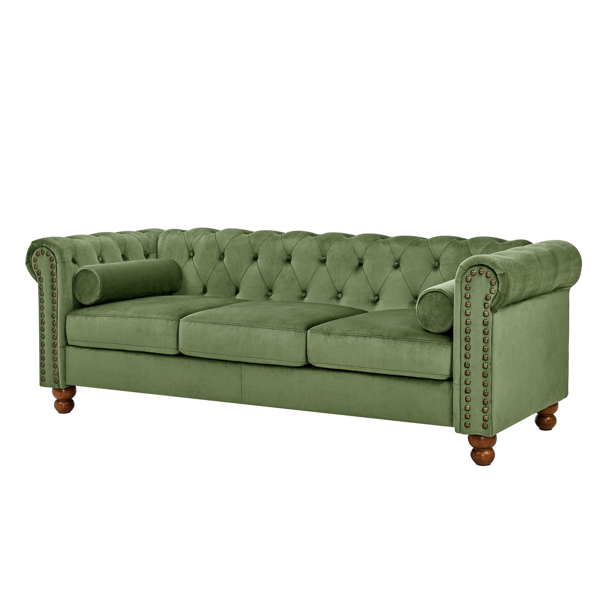 AmoDwell Tufted Velvet Sofa Couch for Living Room, Plush Rolled Arm 3-Seater Sofa Couch with Nailhead Trim and 2 Neck Roll Pillows, Small Apartment Chesterfield Sofa