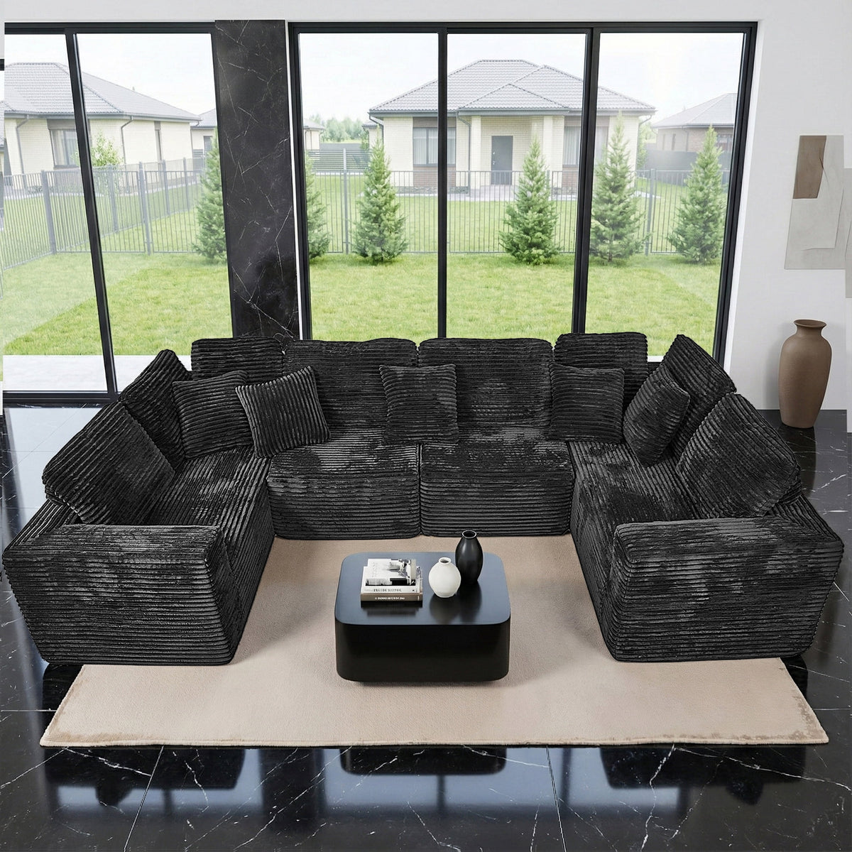  135.5" Sectional Couch, Black U Shaped Sofa for Living Room, Boneless Cloud Couch with Chaise,6-Seater, Corduroy Fabric, Freely Configurable Layout