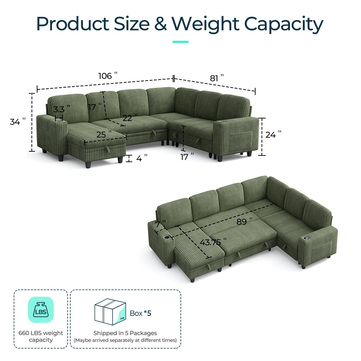  6 Seaterss Sectional Couches for Living Room, Sleeper Sofa Bed with Storage Seat, Pull Out Couch Bed with Ottoman, Dark Green