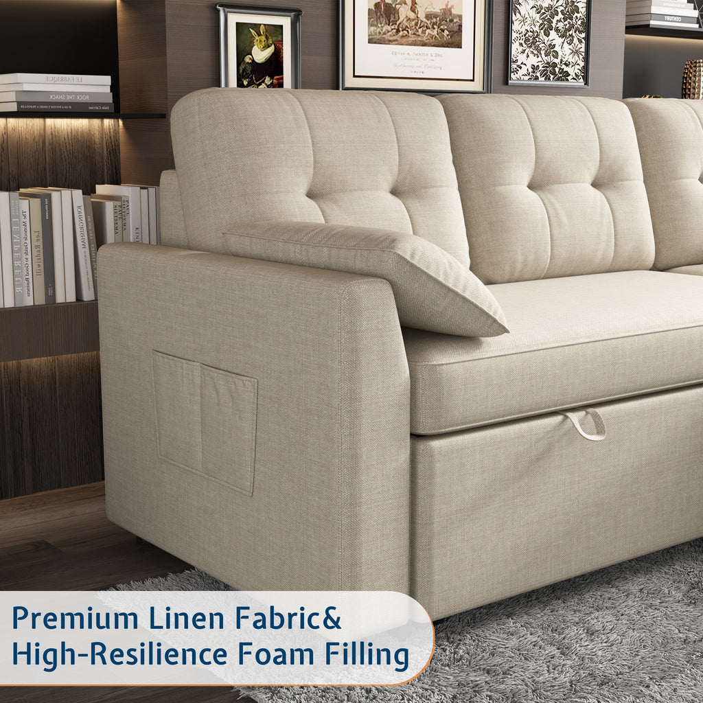 VANACC Sectional Sofa Bed with Storage and Soft Seat ,Reversible Pull Out Couch for Living Room,Beige