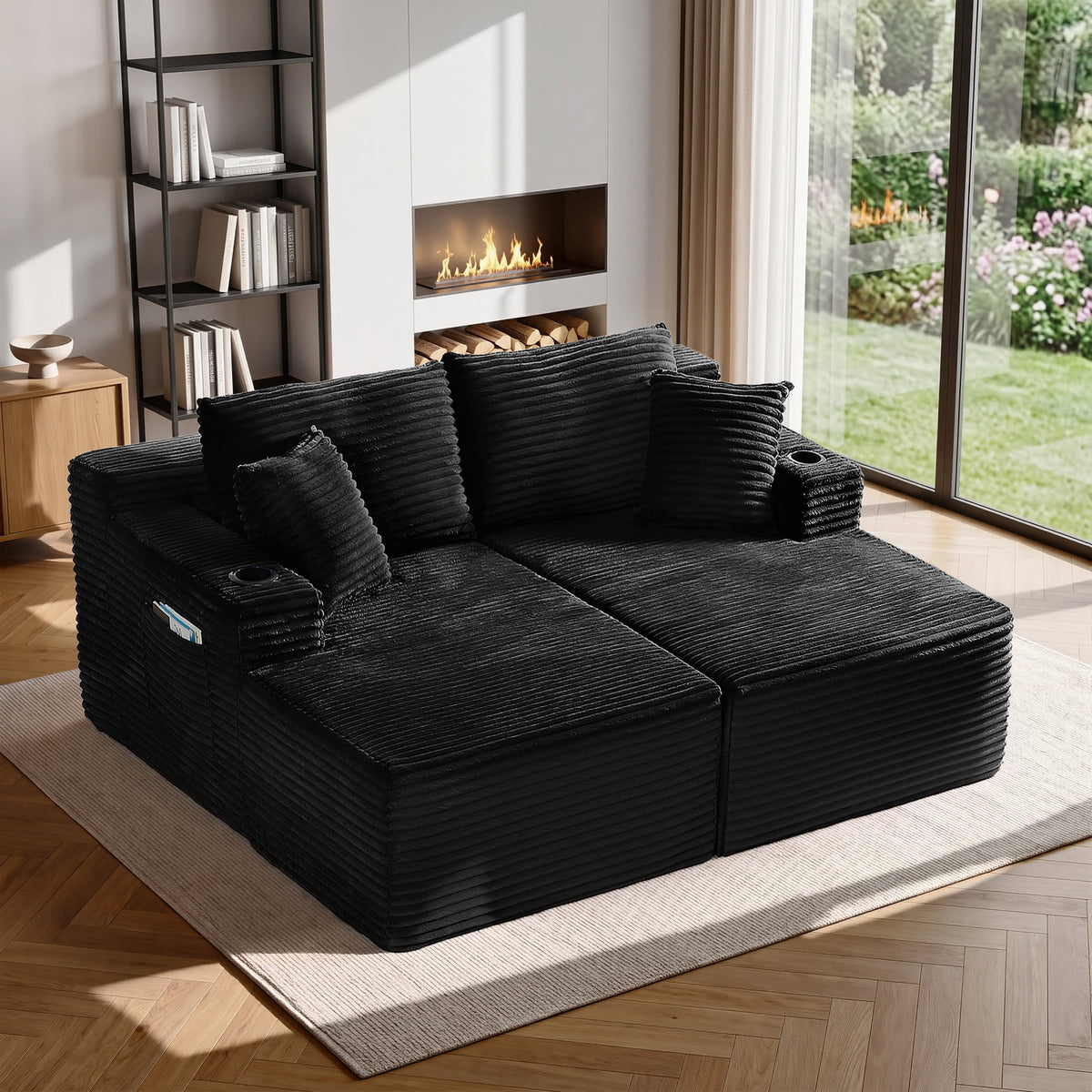  125 Inch Modular Cloud Couch Sectional Sofa for Living Room, Modern Corduroy Boneless Couch, Upholstered Deep Seat U Shape Sofas Couches, No Assembly Required, Black