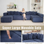  146" Sectional Sofa, U Shaped Sectional Couch with Chaise, 5 Seat Corduroy Sofa Convertible Sleeper Sofa Bed for Living Room Blue