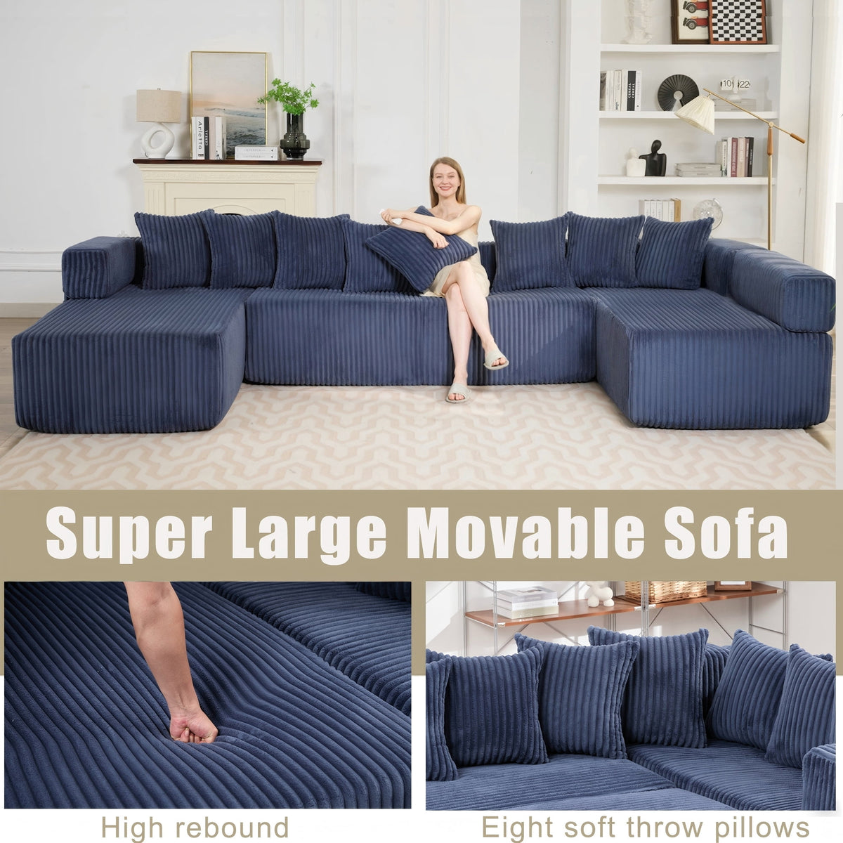  146" Sectional Sofa, U Shaped Sectional Couch with Chaise, 5 Seat Corduroy Sofa Convertible Sleeper Sofa Bed for Living Room Blue