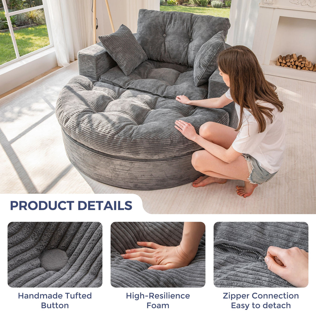 BYBYME Sofa Couch and Round Chaise Lounge,L Shaped Cloud-Plush Corduroy Boneless Floor Sofa Bed,Tufted Upholstered Sleeper Chair for Living Room,Dark Grey
