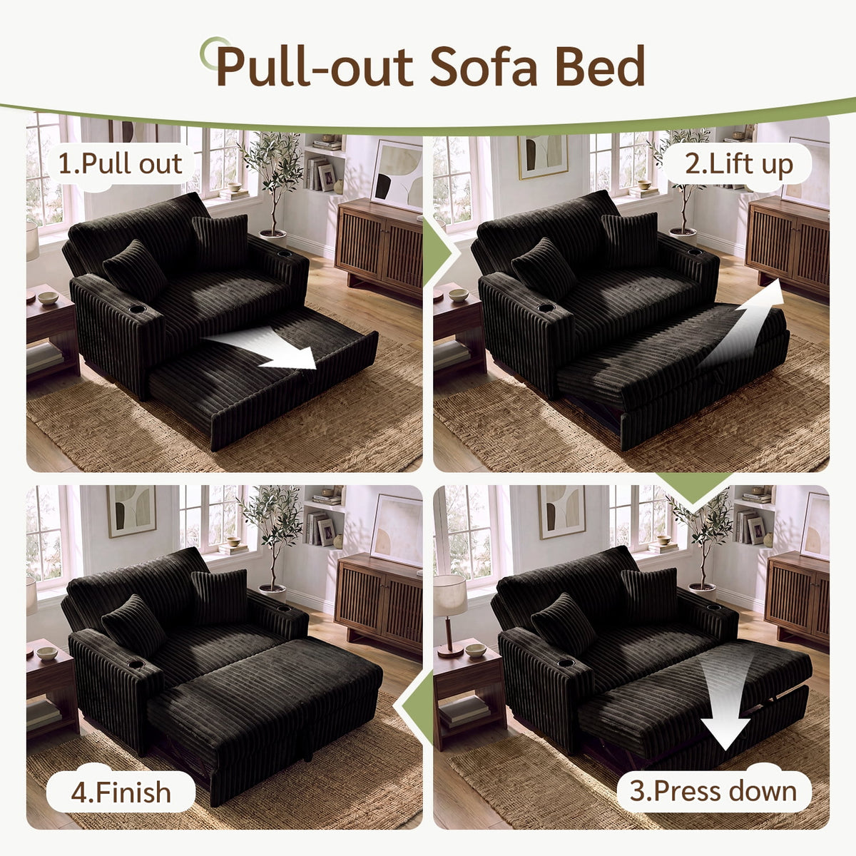 Marrber Black 52? 3-in-1 Convertible Pull-Out Sofa Bed Sleeper Loveseat with Reclining Backrest, Built-in Cup Holders, Pet-Friendly Corduroy Sofa for Small Space