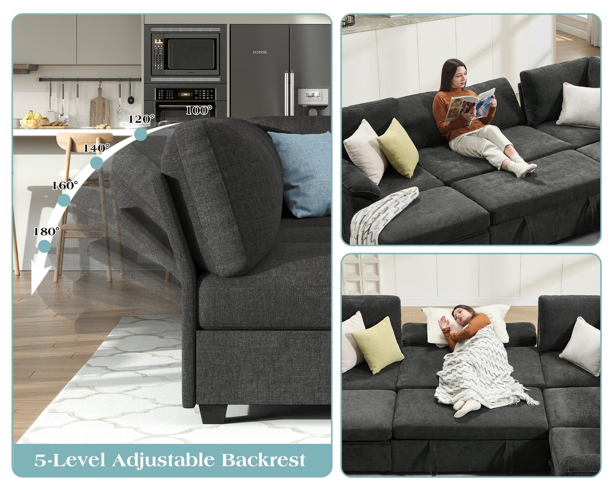 Papajet 105" Sofa Bed, Sectional Sleeper Sofa with Pull Out Bed/Reclining Backrest, 6 Seater Sleeper Couch Bed with Storage, Chenille Dark Gray