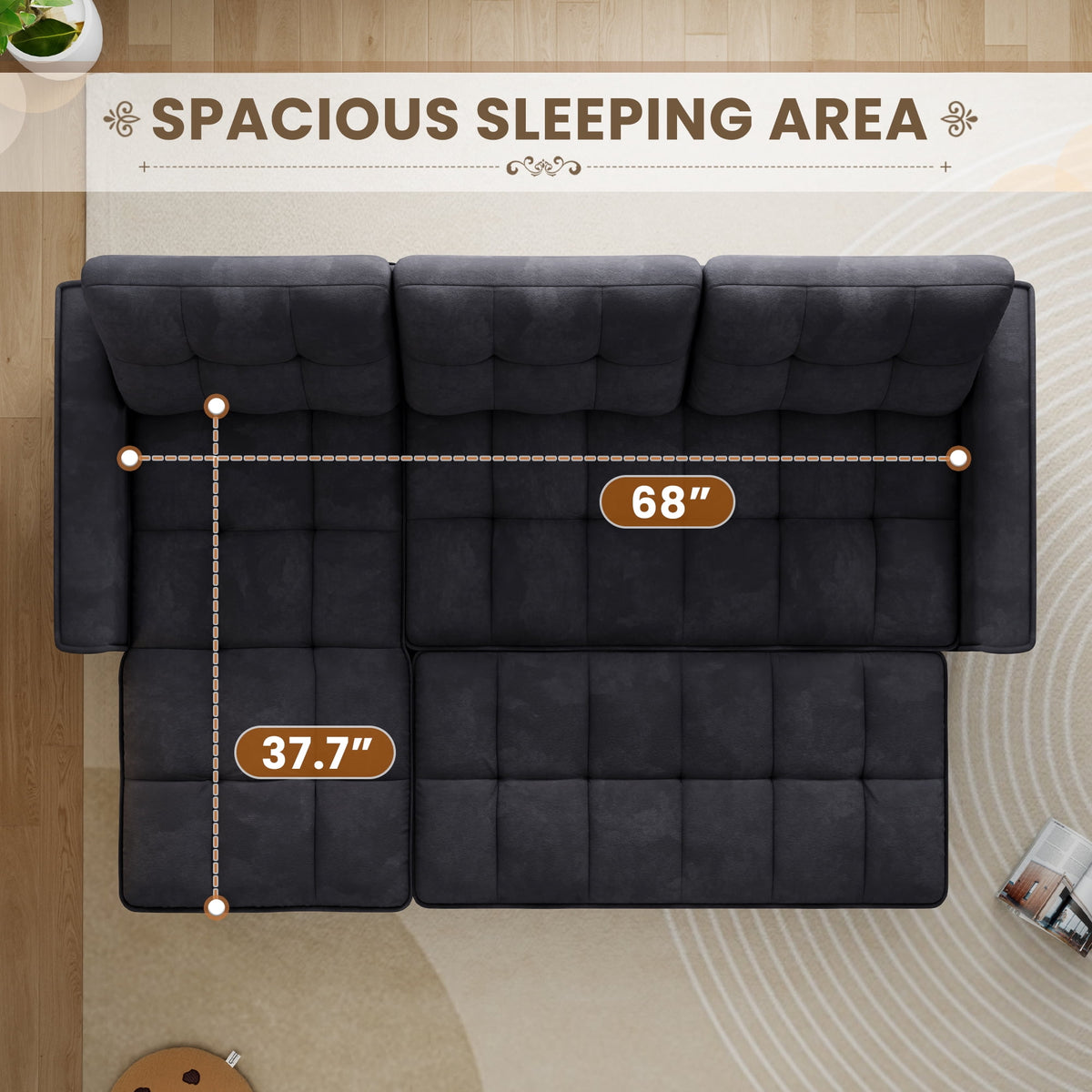Muumblus Convertible Sofa Bed, Sectional Sleeper Sofa with Storage Chaise, L-Shaped Couch for Living Room, Black Chenille