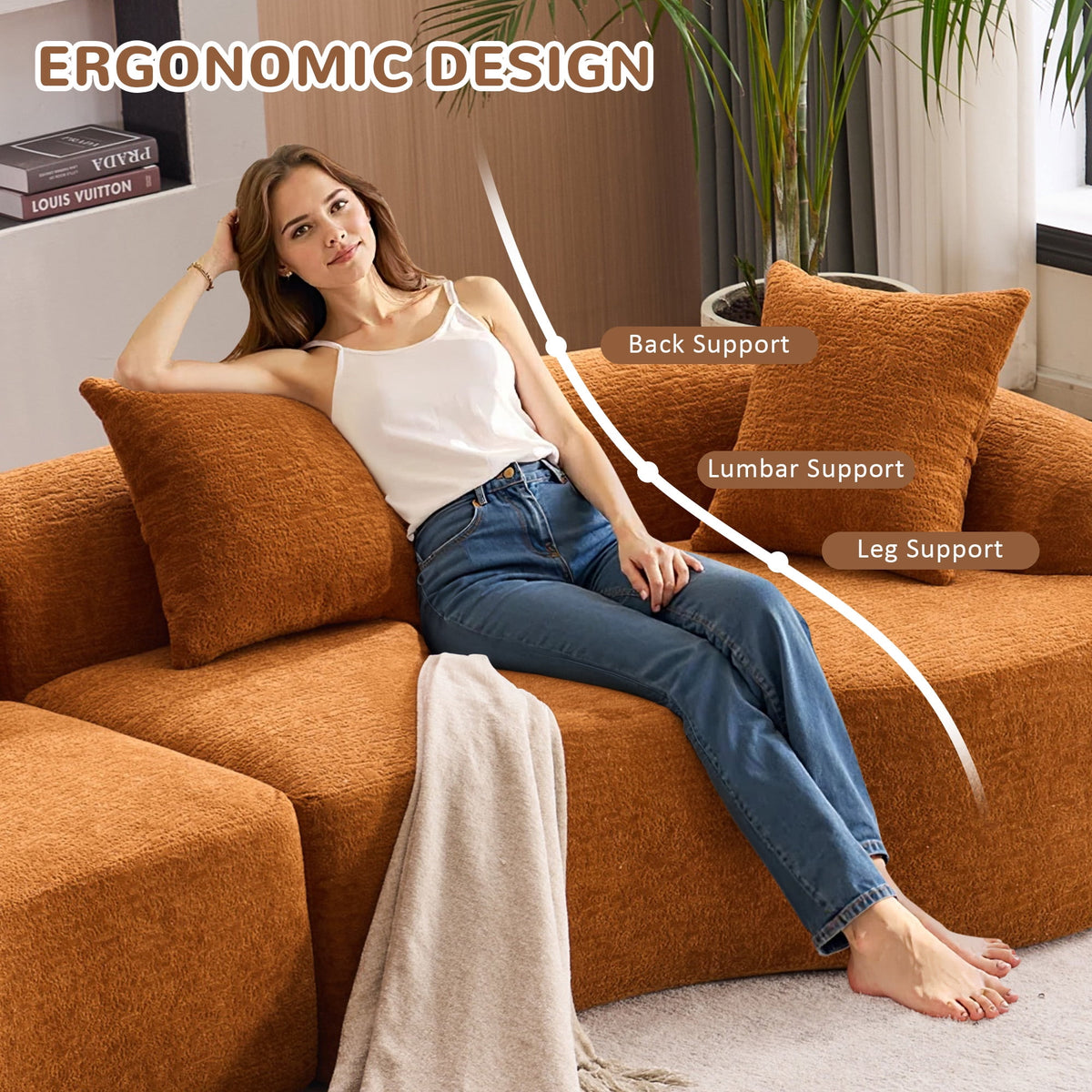 Timbernest 110" Curved Modular Sectional Sofa, 4 Seater Chenille Boneless Couch for Living Room, Playroom, Orange