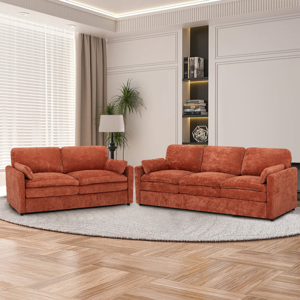 FamiTOP Chenille 69? Love Seat & 89? 3-Seat Sofa w/Thick Seat & Backrest Cushions, Modern Couch Set with Soft Pillows, Upholstered 3 Seat & 2 Seat Sofa w/Sturdy Frame for Office, Living Room, Orange