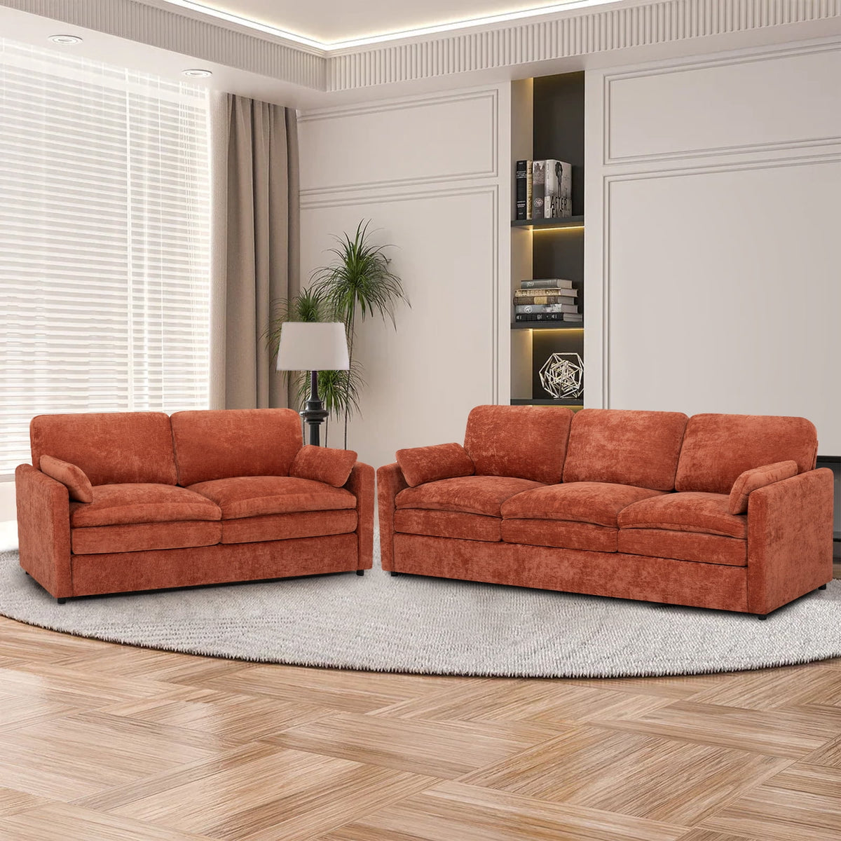 FamiTOP Chenille 69? Love Seat & 89? 3-Seat Sofa w/Thick Seat & Backrest Cushions, Modern Couch Set with Soft Pillows, Upholstered 3 Seat & 2 Seat Sofa w/Sturdy Frame for Office, Living Room, Orange