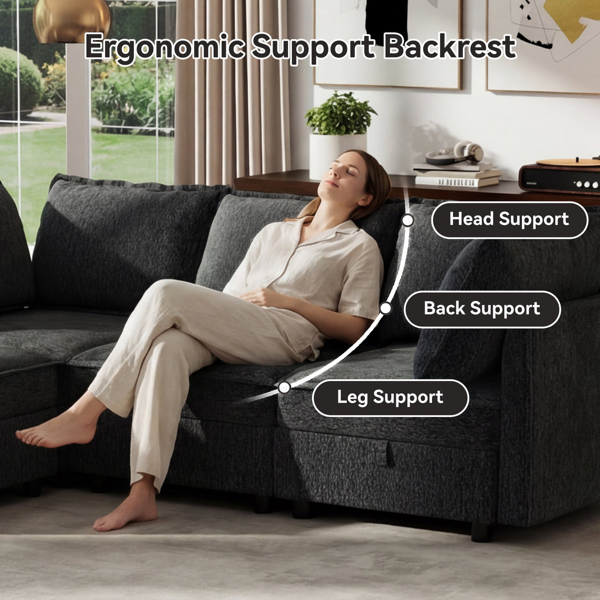  126" Modular Sectional Sofa with Storage, U-Shaped Modern Sleeper Sofa Couch with Movable Ottomans for Living Room, Office, Dark Gray