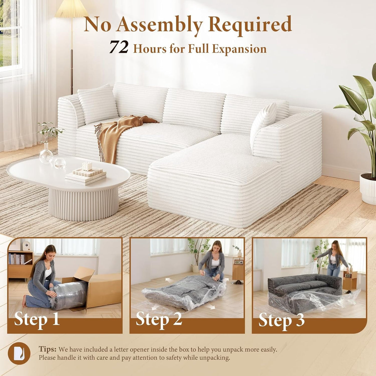  106" Modular Sectional Sofa with Chaise, Deep Seat Comfy Cloud Couch Corduroy L Shaped Sofa Sectional Couches for Living Room Bedroom, No Assembly Required (Beige, Right-Facing Chaise)