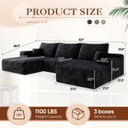 Muumblus 107" Cloud Sectional Sofa with Left Chaise, Cozy U-Shaped Modular Sofa with Ottoman, Plush Corduroy Sleeper Bed Couch, No Assembly Required, Black
